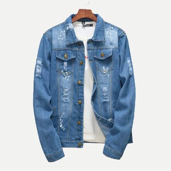 

Men Dual Pocket Ripped Denim Jacket