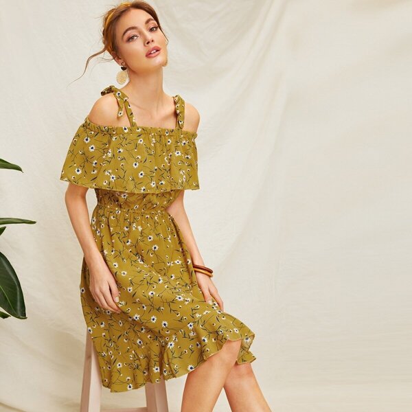 

Ruffle Trim Calico Print Cami Flounce Hem Dress