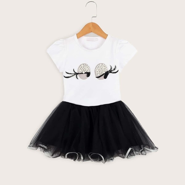 

Toddler Girls Cartoon Print Pearl Tee With Mesh Skirt