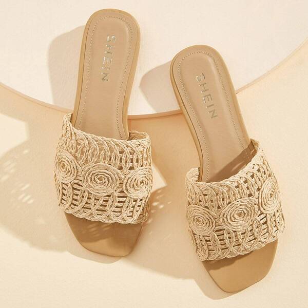 

Straw Decor Open Toe Flat Slippers, Apricot