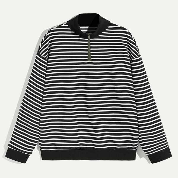 

Men Zip Half Placket Solid Trim Striped Sweatshirt
