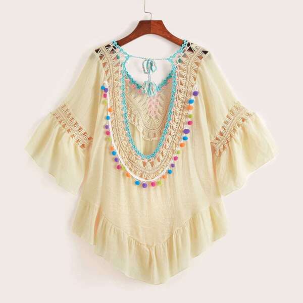 

Pom Pom Backless Ruffle Hem Cover Up