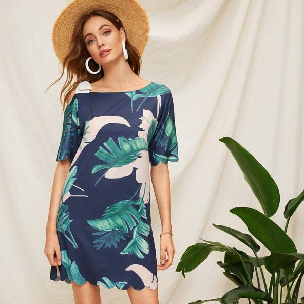 

Tropical Print Knot Detail Asymmetrical Neck Dress, Multicolor