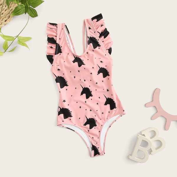 

Toddler Girls Cartoon Print Ruffle One Piece Swim
