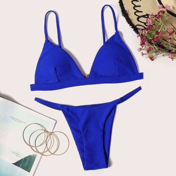 

Seam Triangle Top With Tanga Bikini Set, Blue bright
