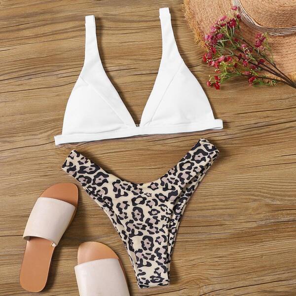 

Triangle Top With Leopard Print High Leg Bikini, Multicolor