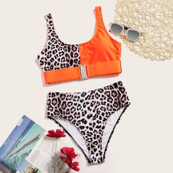 

Leopard Buckle Top With High Waist Bikini, Multicolor