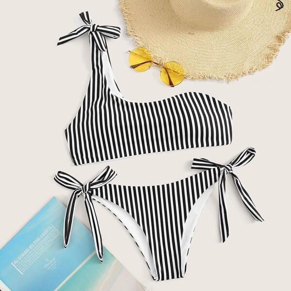 

One Shoulder Top With Tie Side Striped Bikini Set