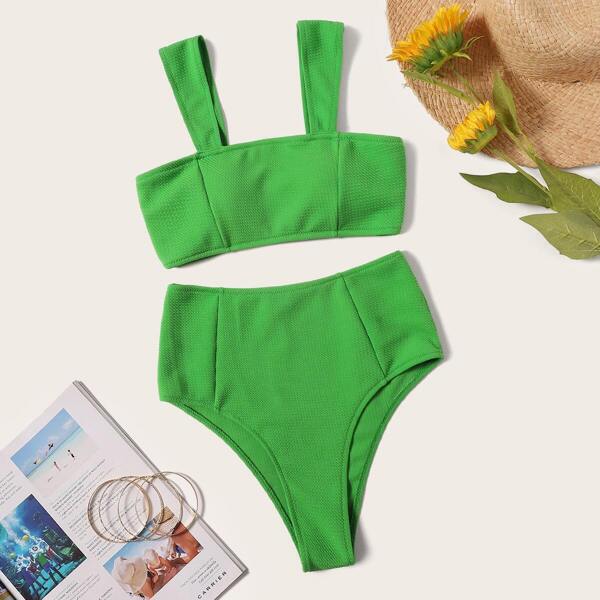 

Wide Straps Top With High Waist Bikini Set, Green