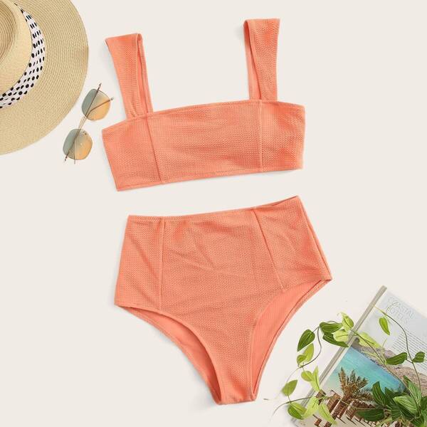 

Wide Straps Top With High Waist Bikini Set, Orange