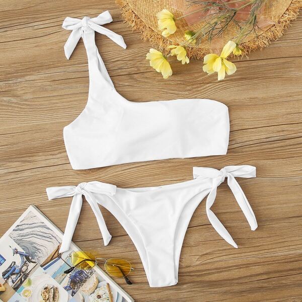 

One Shoulder Top With Self Tie Side Bikini Set, White