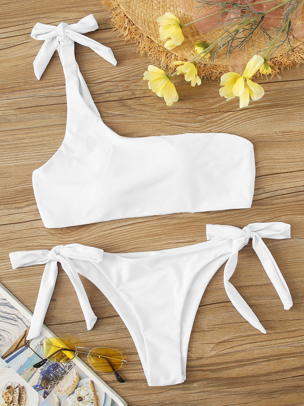 

One Shoulder Top With Self Tie Side Bikini Set, White