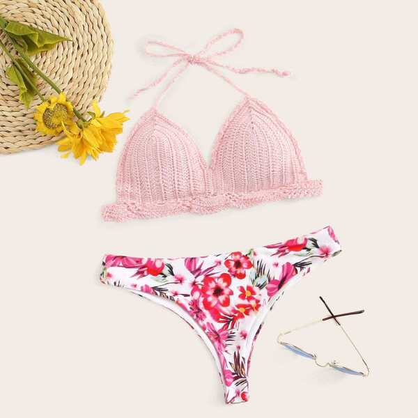 

Crochet Top With Floral Mix & Match Bikini Set, Pink
