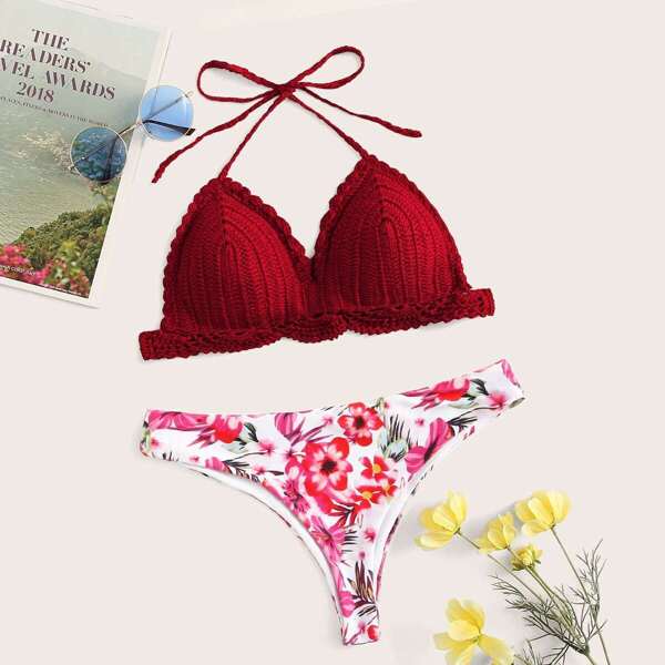 

Crochet Top With Floral Mix & Match Bikini Set, Red