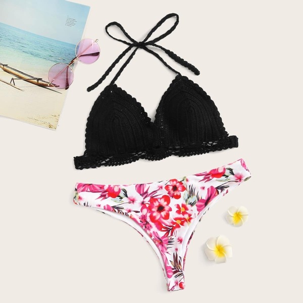 

Crochet Halter Top With Floral Bikini Set, Black