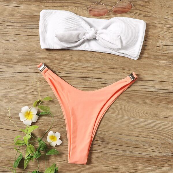 

Knot Front Ribbed Top With High Cut Bikini Set