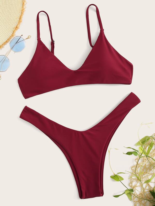 

Thin Strap Top With High Cut Bikini Set, Burgundy