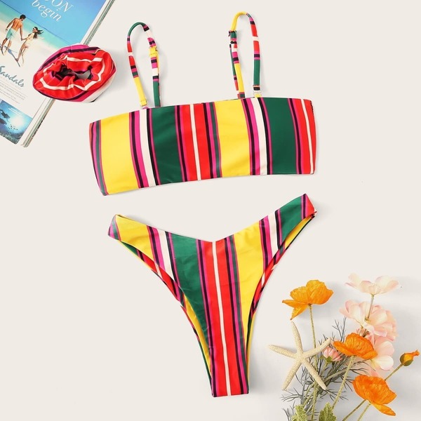 

Striped High Cut Bikini Set With Hair Tie