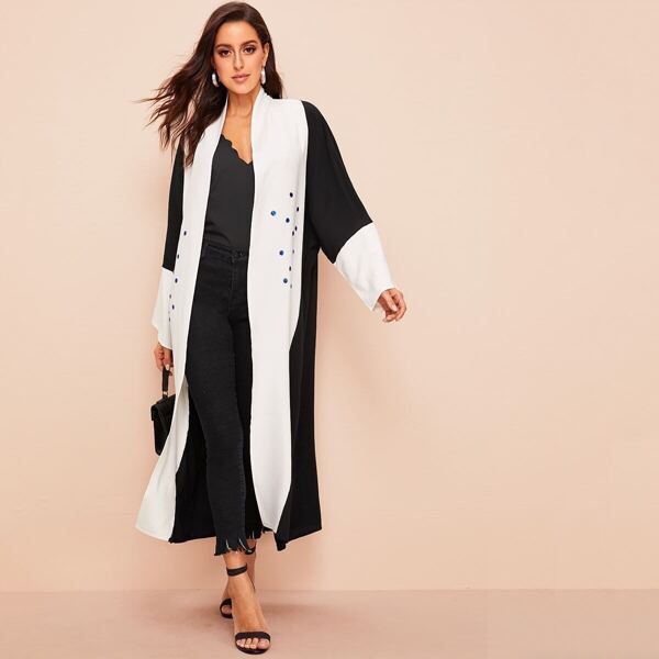 

Color Block Open Front Longline Abaya, Black and white