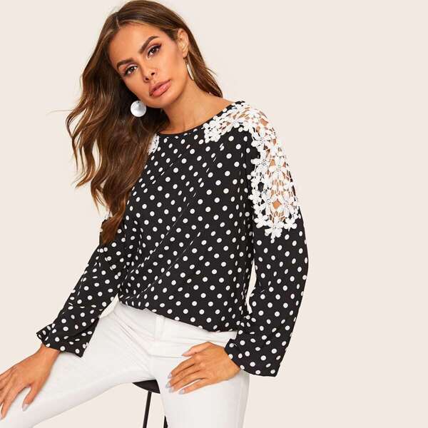 

Polka Dot Contrast Lace Blouse