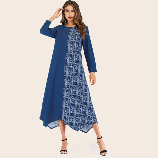 

Graphic Print Asymmetrical Hem Hidden Pocket Longline Dress, Navy
