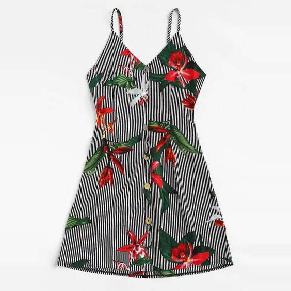 

Plus Striped Floral Print Knot Cami Dress