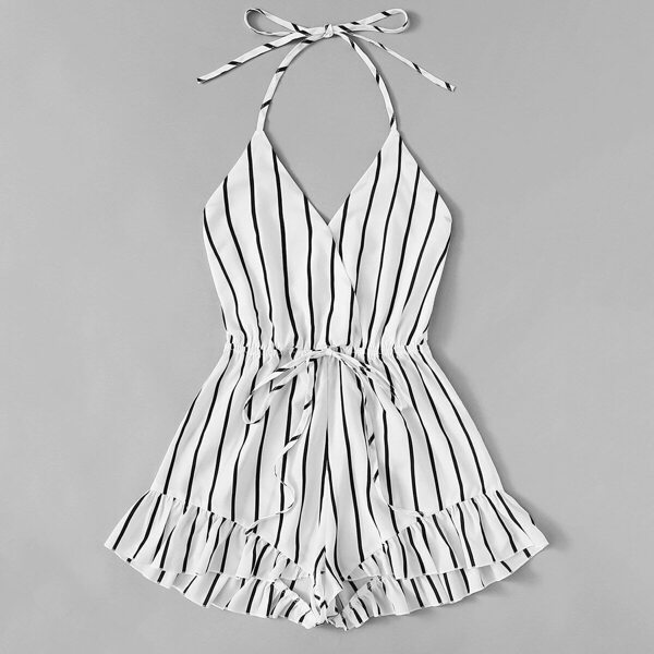 

Plus Drawstring Waist Striped Cami Romper, White