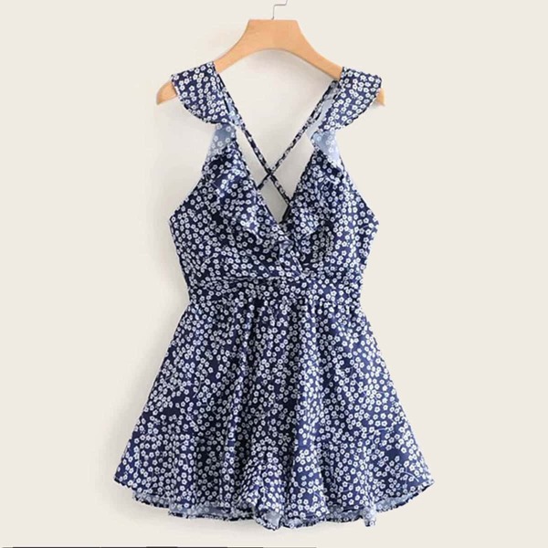 

Ditsy Floral Ruffle Trim Knot Back Romper