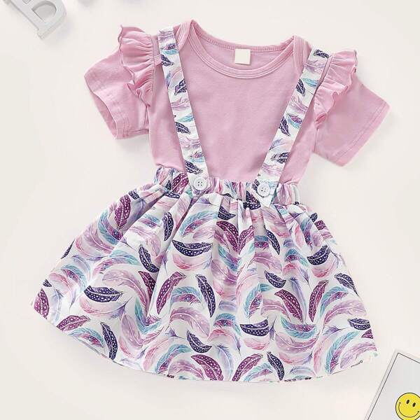

Toddler Girls Frill Top With Feather Print Straps Skirt