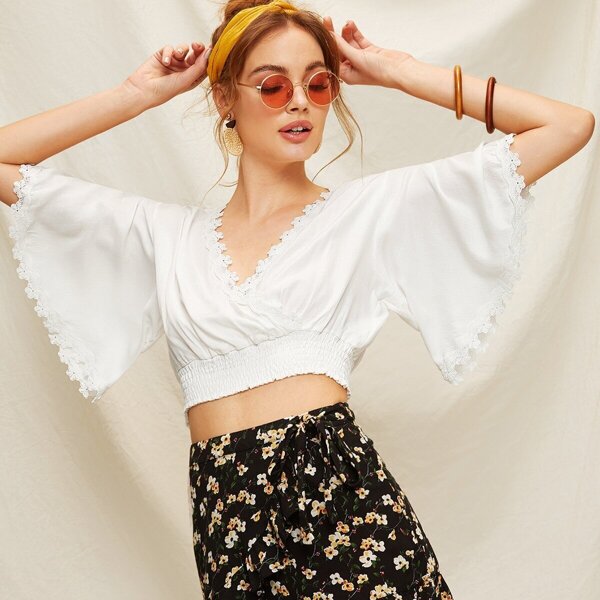 

Bell Sleeve Guipure Lace Trim Shirred Crop Top, Beige