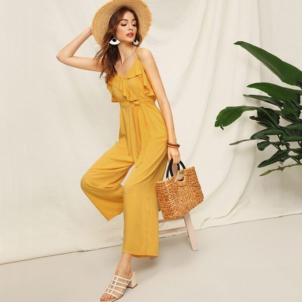 

Ruffle Trim Self Tie Cami Jumpsuit, Yellow