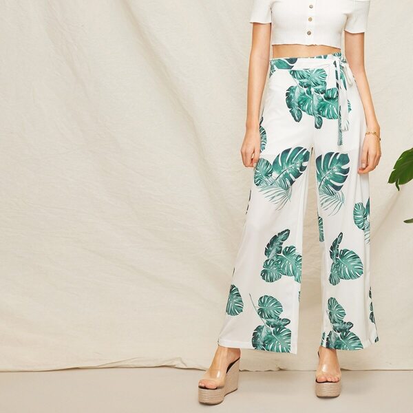 

Plants Print Belted Pants, Multicolor