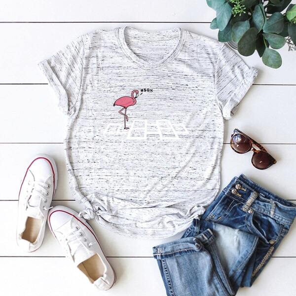 

Flamingo Print Rolled Cuff Tee