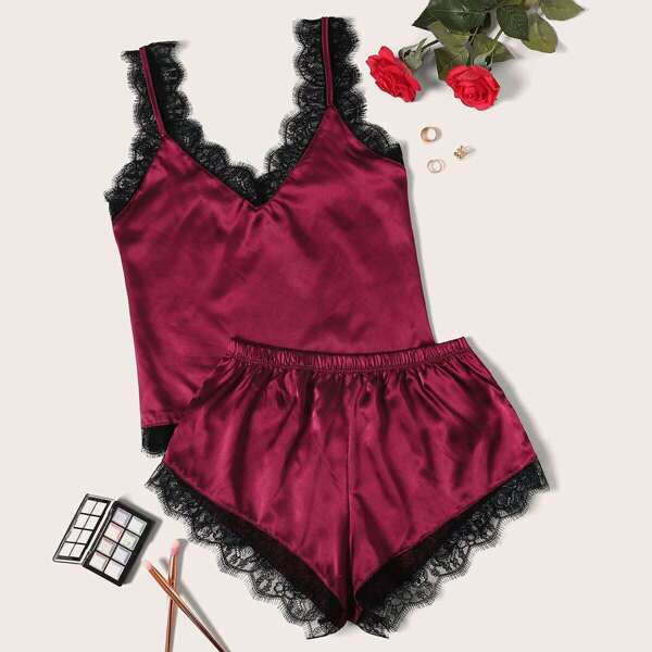 

Eyelash Lace Satin Pajama Set