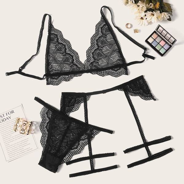 

Floral Lace Garter Lingerie Set