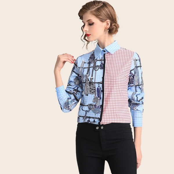 

Color Block Graphic Print Blouse, Multicolor