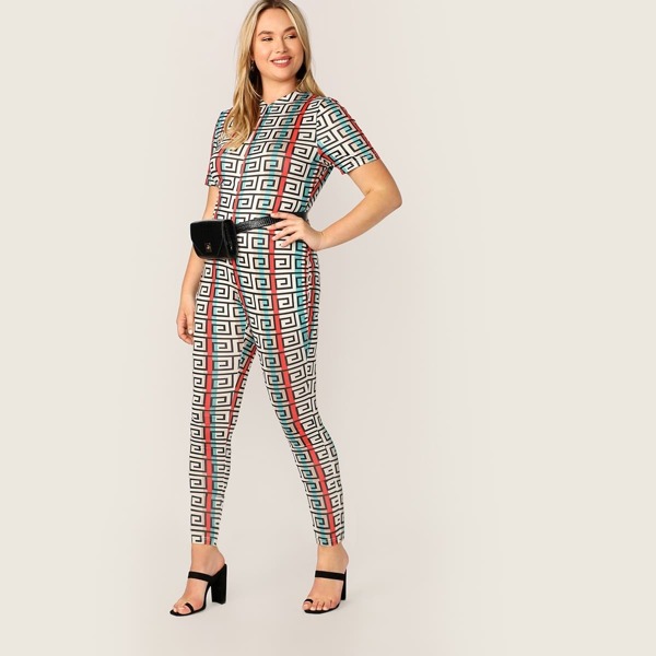 

Plus Colorblock Striped & Greek Fret Print Jumpsuit, Multicolor