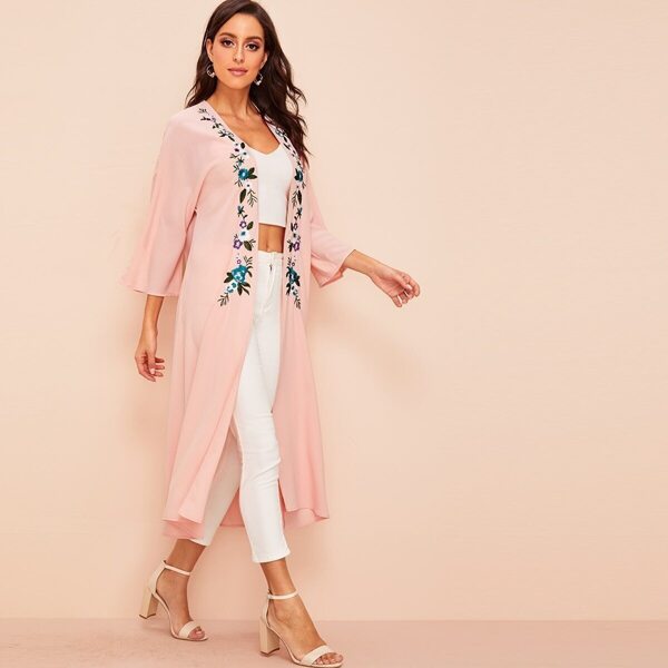 

Floral Embroidered Longline Kimono, Pink