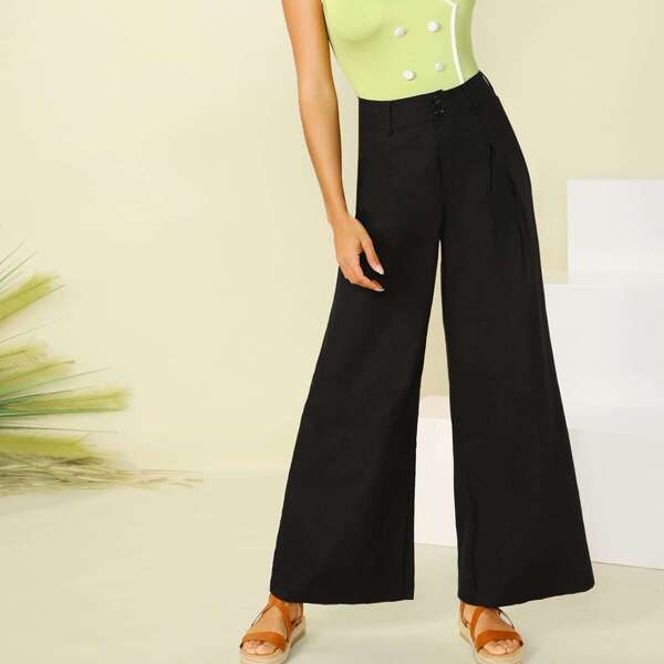 

Button Detail Pleated Wide Leg Pants, Black