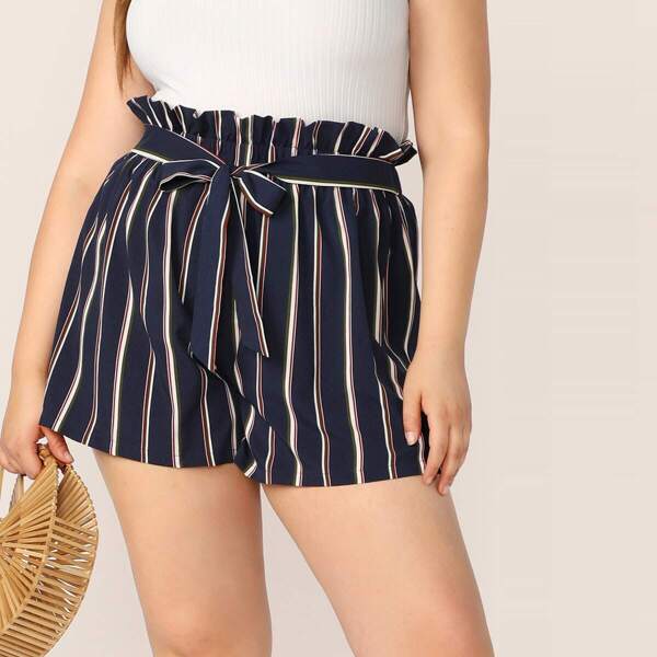 

Plus Paperbag Belted Waist Striped Shorts