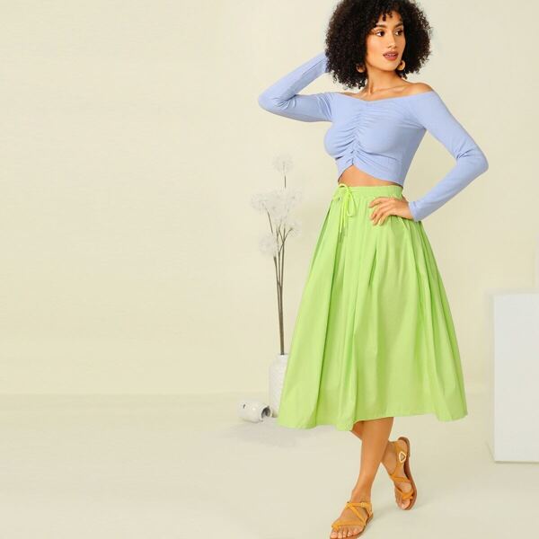

Neon Green Drawstring Waist Pleated Skirt, Green bright