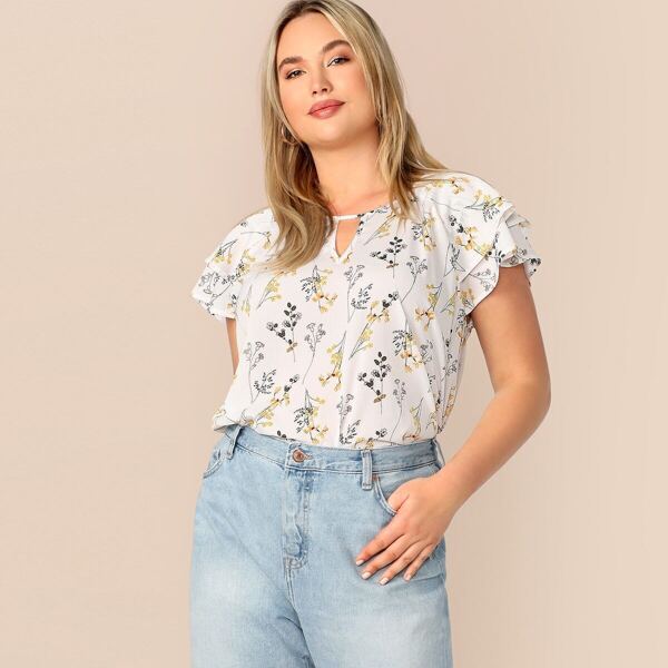 

Plus Choker Neck Layered Ruffle Sleeve Botanical Top, White