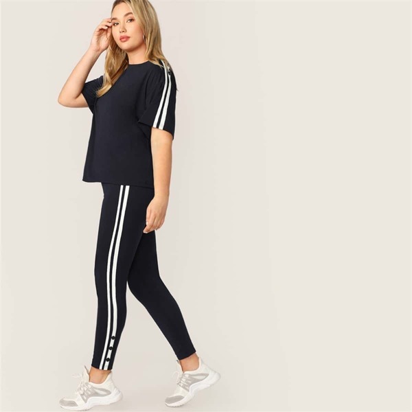

Plus Buttoned Striped Side Tee & Leggings Set, Navy