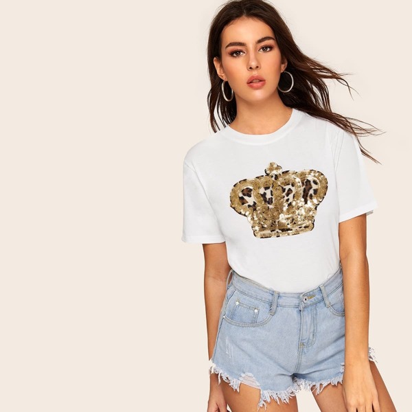

Contrast Sequin Leopard Patched Tee, White