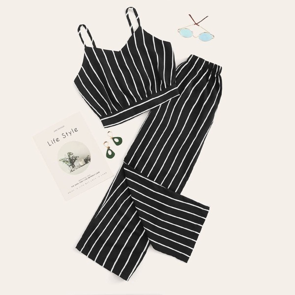 

Striped Tie Back Cami Top With Pants, Black