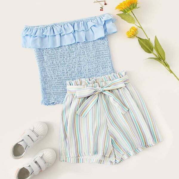 

Girls Ruffle Trim Shirred Top & Belted Striped Shorts Set, Multicolor