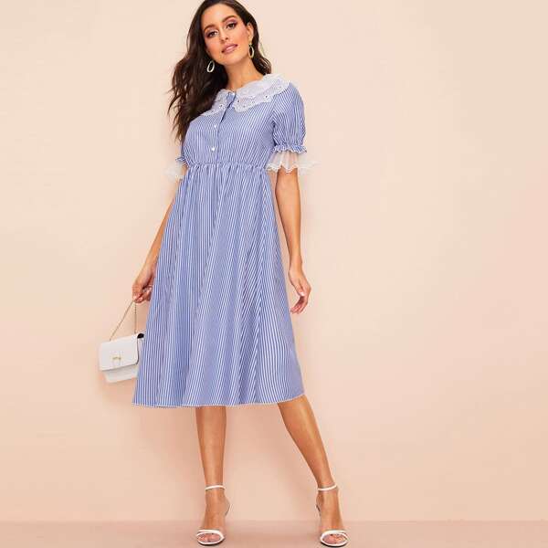 

Organza Detail Buttoned Front Striped Hijab Dress