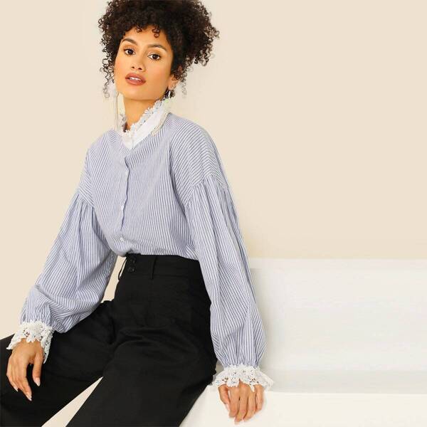 

Lace Cuff & Collar Pinstripe Blouse