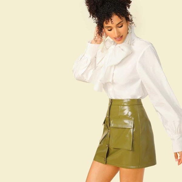 

Bow Tie Neck Buttoned Cuff Shirt