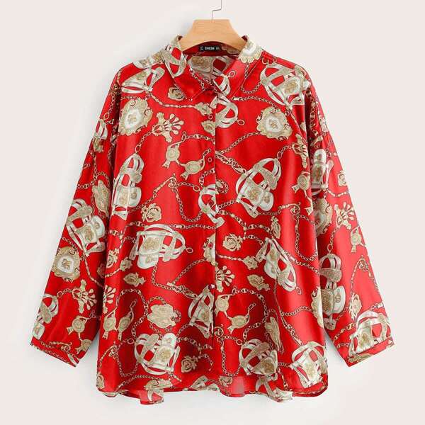 

Plus Drop Shoulder Chain Print Shirt, Red
